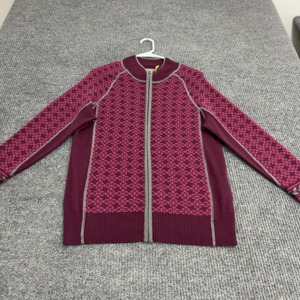 Cabelas Sweater Womens L Burgundy Merino Wool Full Zip Nordic Outdoor Style